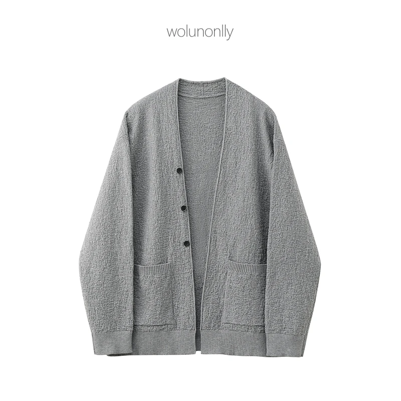 秋冬莱赛尔不起球高弹力树皮纹v领毛衣开衫纯色披肩毛衣外套男士