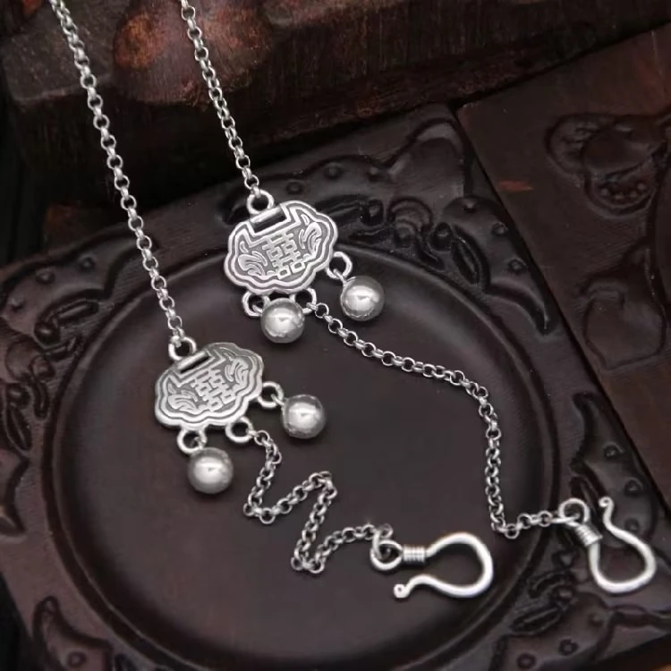 链子925银 【佰万银庄】S925银喜字如意锁双钩毛衣链60cm约12.9g