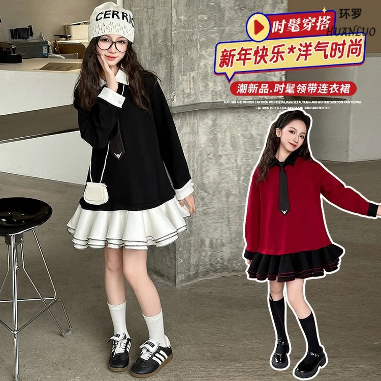 女生时髦连衣裙2025年新款韩版女孩时尚英伦风领带学院风裙子