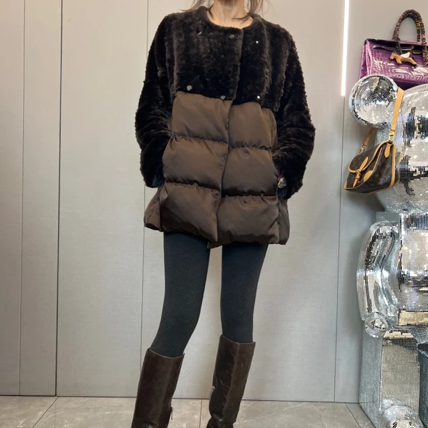 JJ Fashion咖色桑蚕丝皮毛一体羽绒服