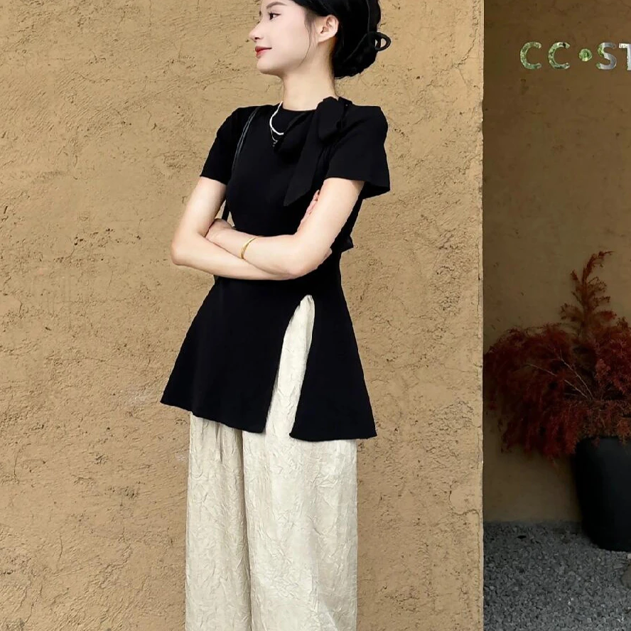 法式纯欲风开叉设计感针织衫女春夏新款高级感收腰显瘦短袖上衣