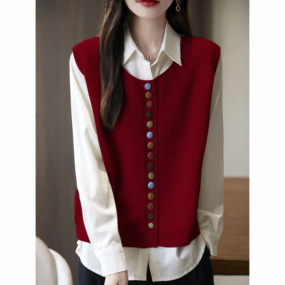 安可拉红叠穿马甲彩扣无袖针织马甲纽扣背心2025春季新款洋气坎肩