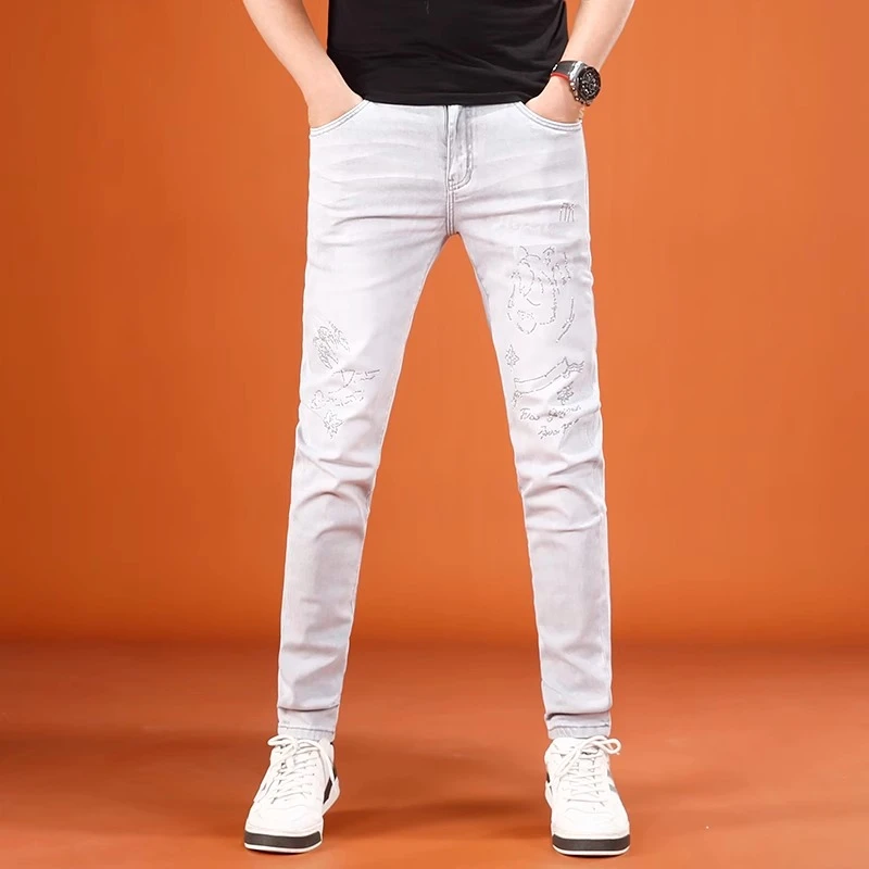 One What潮牌男装烫钻印花弹力男士牛仔裤夏季薄款时尚修身小脚裤