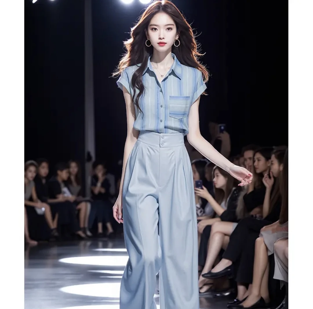 2025可搭时尚阔腿裤套装衬衫女设计感小众夏新款宽松短袖衬衣上衣