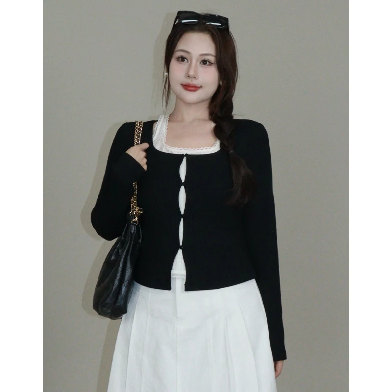 【情人节】蛋妹大码女装春款胖mm显瘦蕾丝假两件针织衫DM24490