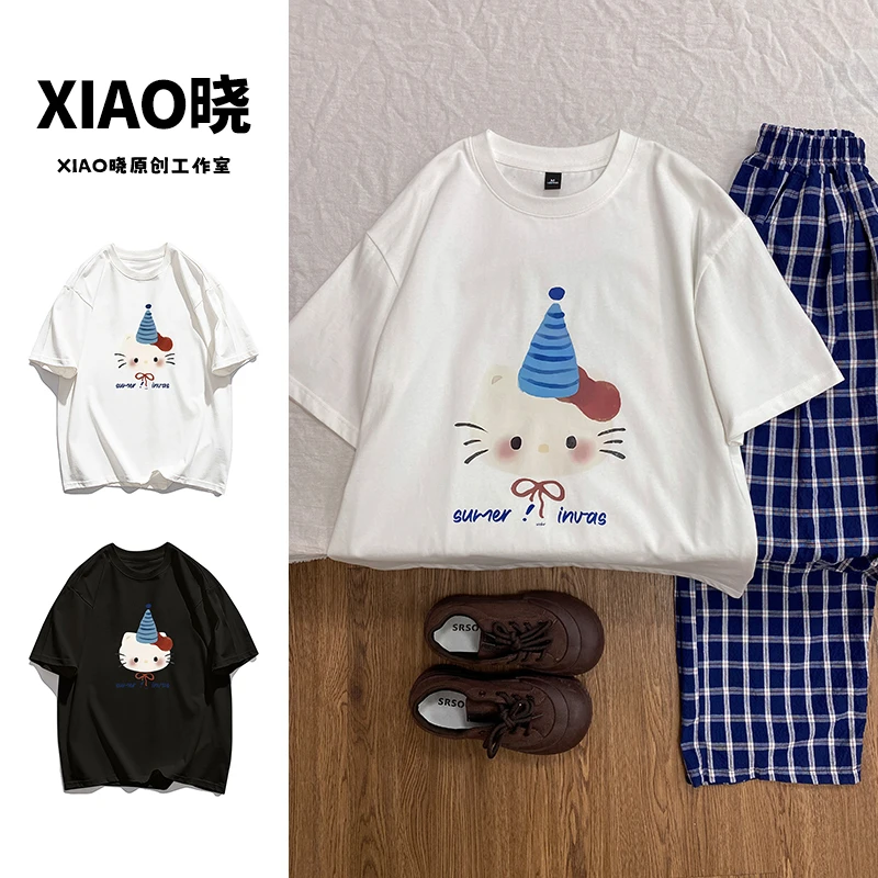 美式嘻哈卡通凯蒂猫印花纯棉短袖夏季宽松圆领上衣潮ins#T019525