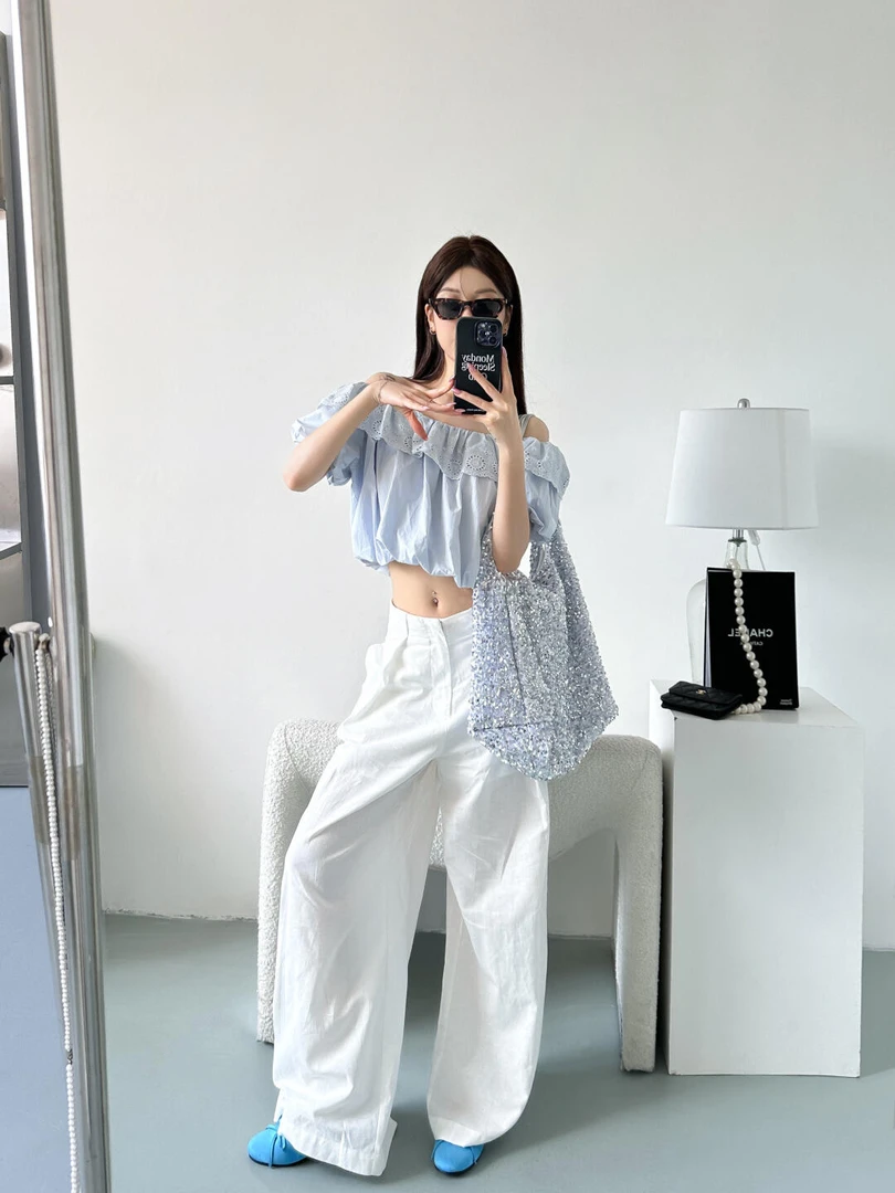 夏季网红洋气炸街女装高级感一字肩气质上衣设计感休闲百搭长裤