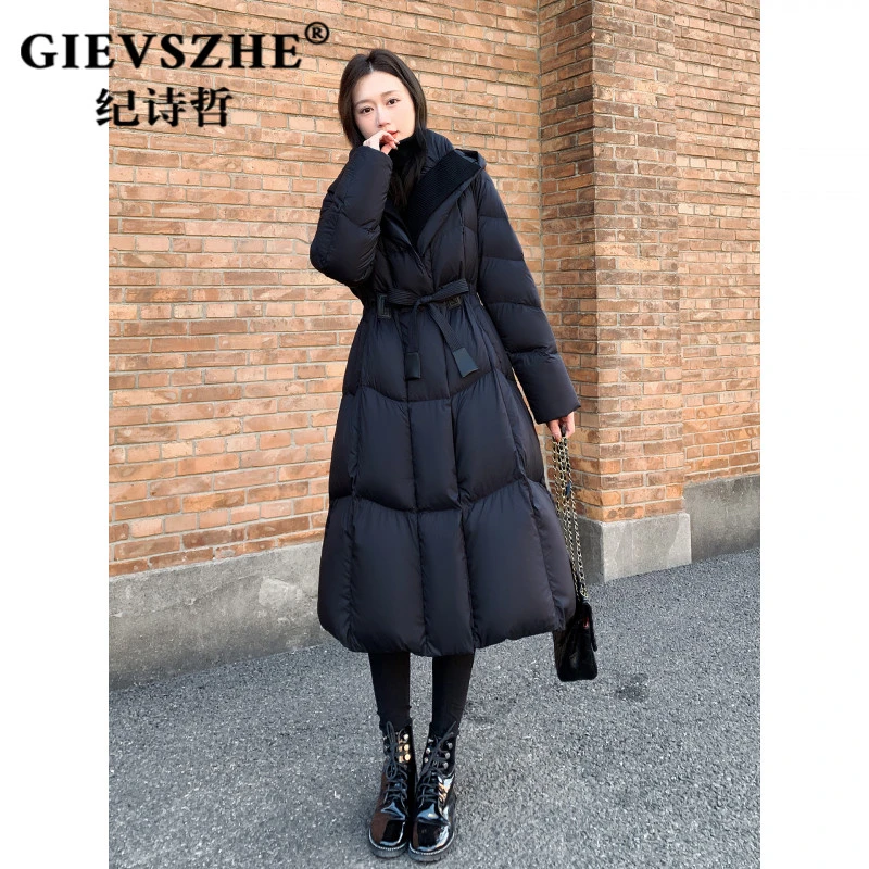 纪诗哲长款收腰羽绒服女款2025冬季新款黑色连帽显瘦晚宴场合女装