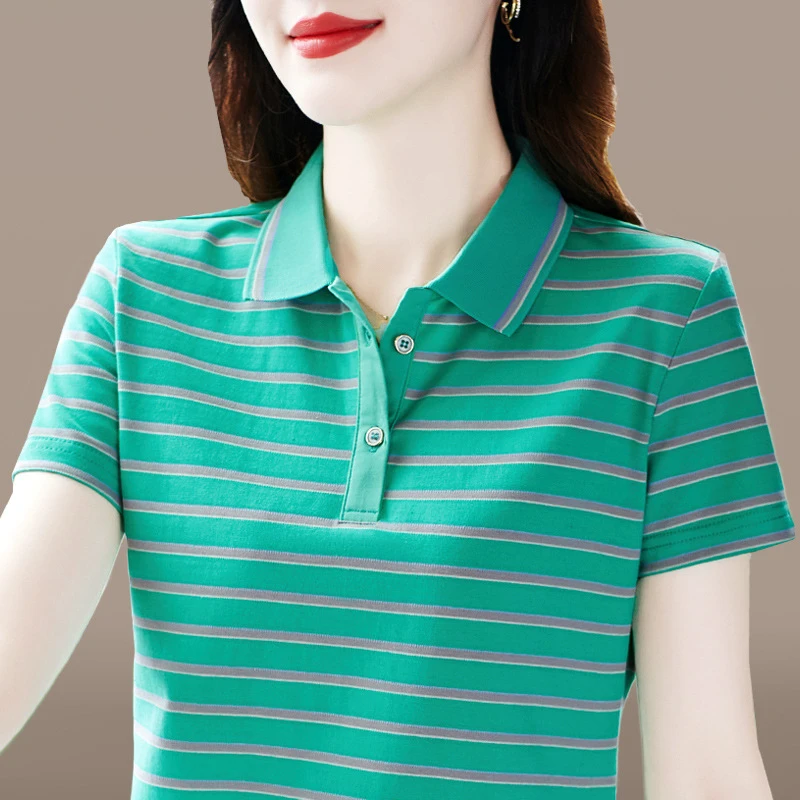条纹短袖T恤女夏季时尚休闲翻领上衣洋气宽松显瘦妈妈POLO衫