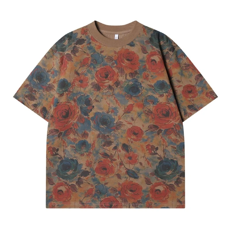 夏季欧若风新款潮牌满印撞色玫瑰花圆领短袖T恤百搭潮流套头上衣