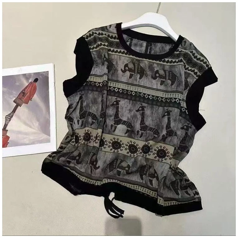 新款时尚无袖洋气圆领女士宽松T恤衫印花系带显廋上衣女外穿