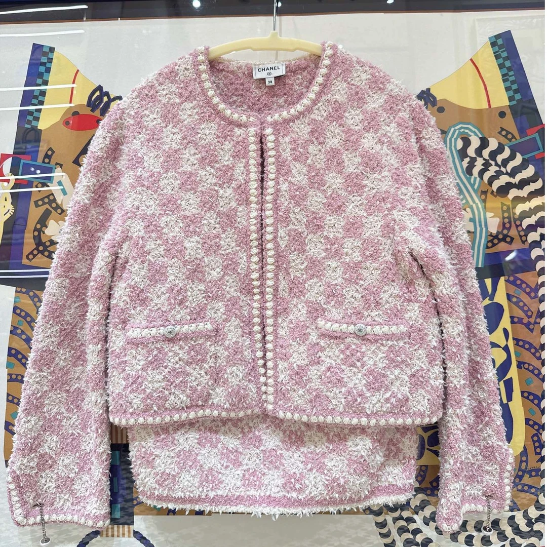 未使用 Chanel/香奈儿 23新款粉色编织菱格纹撞色套装上衣38裙36