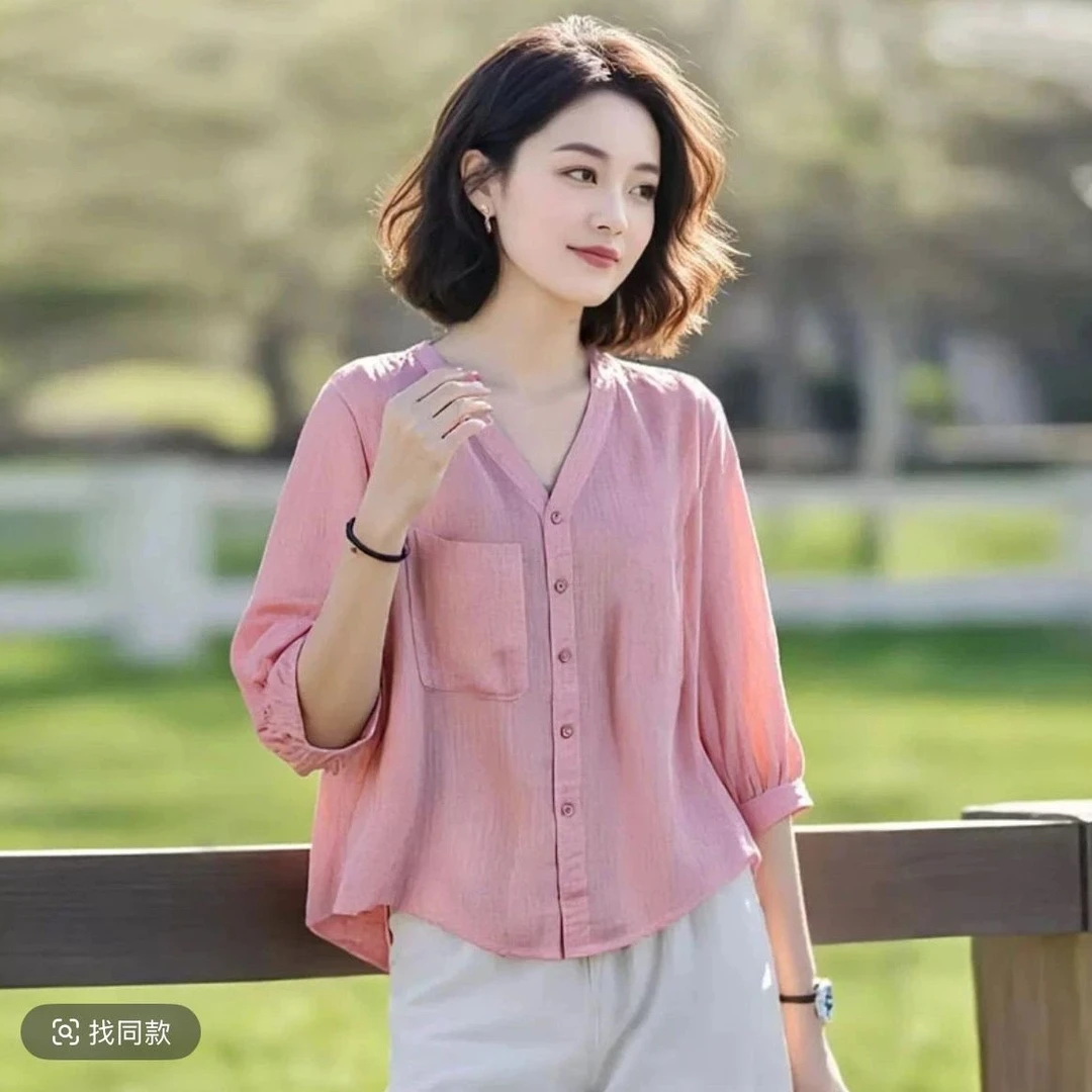 2025夏季新款V领时尚衬衫遮肉显瘦遮肚子五分袖洋气衬衣宽松上衣