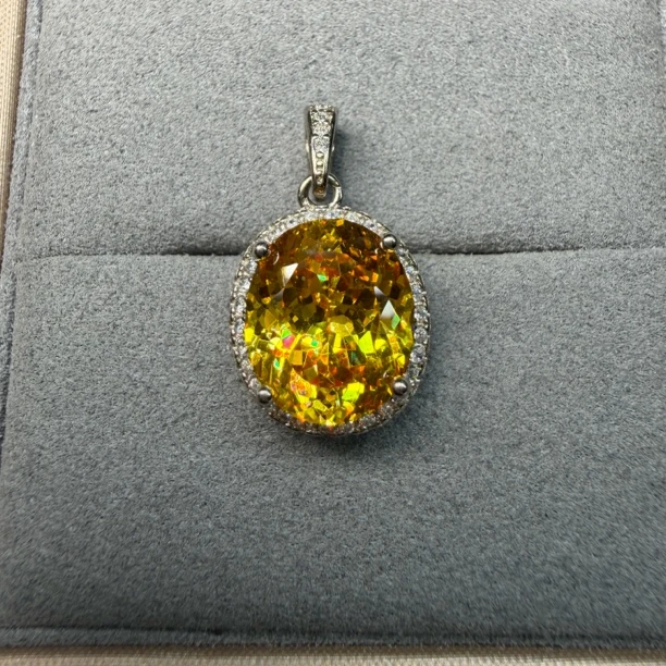 经典轻奢碧玺大鸽子蛋金丝雀金黄色项链带链925简约45厘米