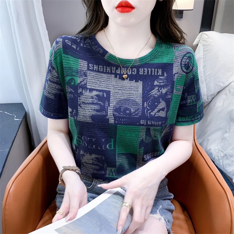 时尚印花短袖t恤女2025年夏季新款宽松休闲洋气显瘦圆领大码上衣