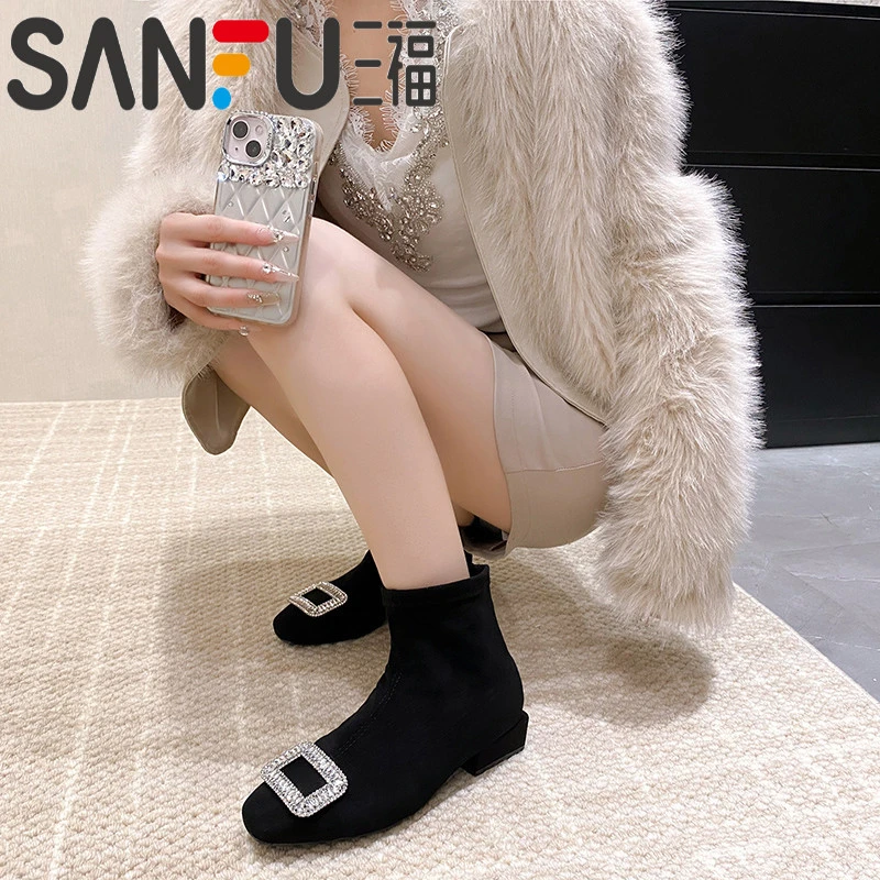 三福内增高水钻绒面方头短靴女2025秋冬名媛风法式平底瘦瘦靴女