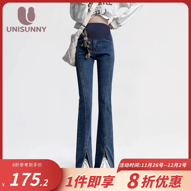 unisunny孕妇裤子秋冬季外穿开叉微喇叭裤牛仔加绒马蹄裤孕妇秋装