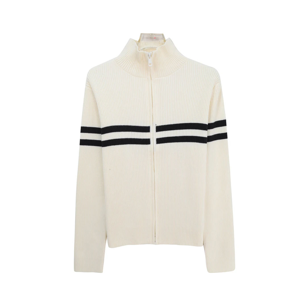 设计感双拉链条纹高领针织开衫女高级感长袖上衣S5534