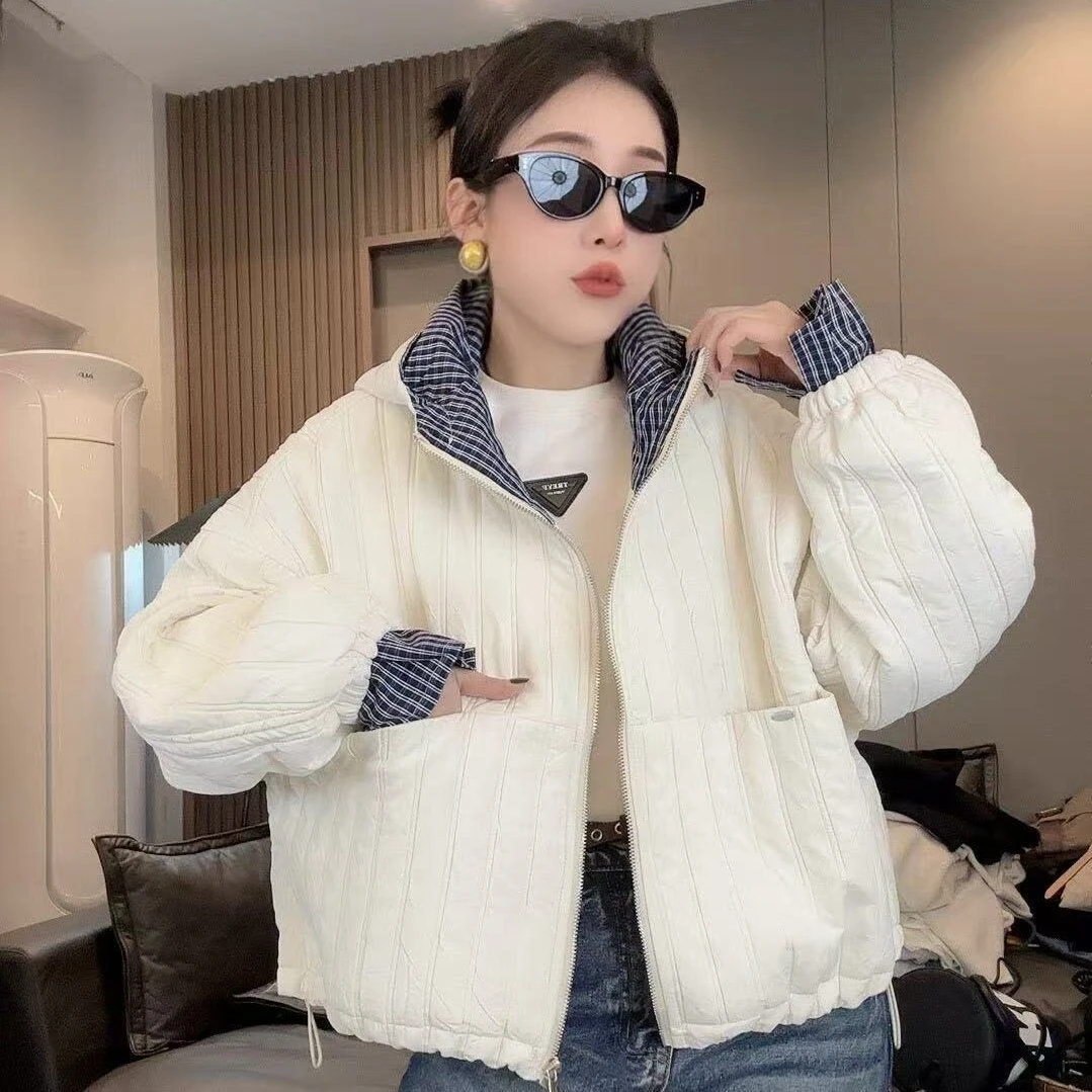 高端韩范薄棉外套女新款长袖连帽拼色设计时尚百搭宽松薄棉衣棉服