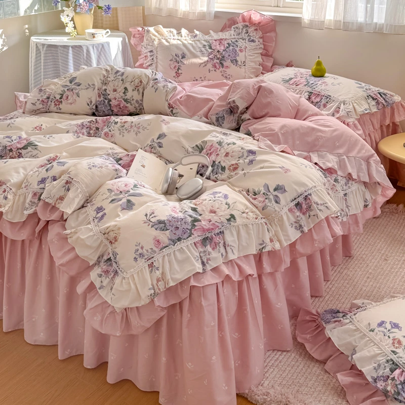 2025新款韩式花边100全棉床单床上用品四件套纯棉四季被套床裙款4