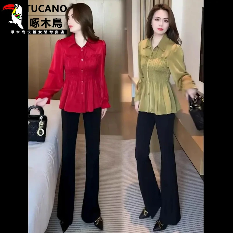 啄木鸟衬衫女2025春季新款时髦洋气收腰显瘦休闲减龄百搭气质长袖