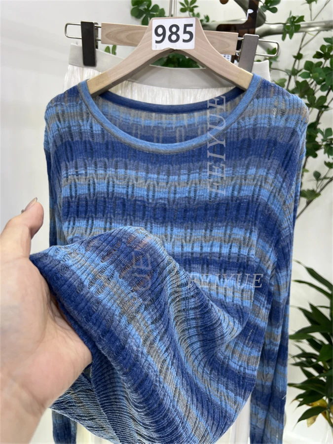 圆领镂空打底衫女毛衣内搭长袖上衣女针织衫女装撞色复古