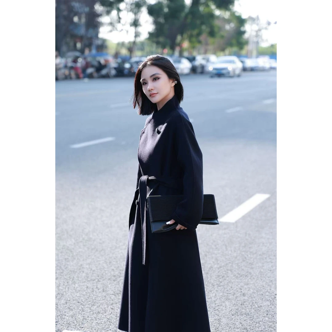 【妙妙精选】HUANGNAJI藏青色秋冬山羊绒时尚气质双面毛呢大衣1820