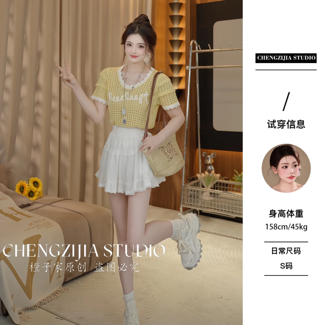 【裴诗婷】橙子·studio 【】TX00163 镂空显瘦字母短袖T 05
