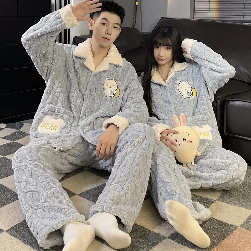 大码珊瑚绒睡衣女秋冬季200斤加厚绒情侣ins风可爱男士家居服套装