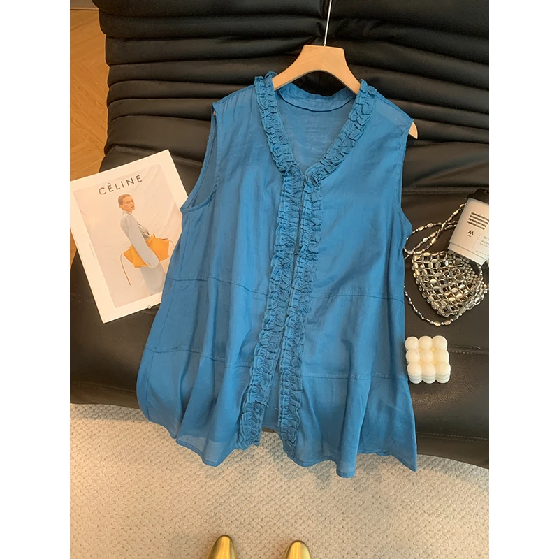 2025夏季新款韩版时尚百搭V领木耳边休闲上衣圆领百搭减龄打底衫