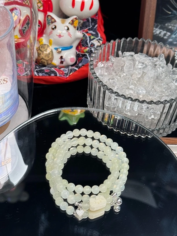 xy136 新山玉双圈象牙果猫头925银隔珠爱心铃铛手串