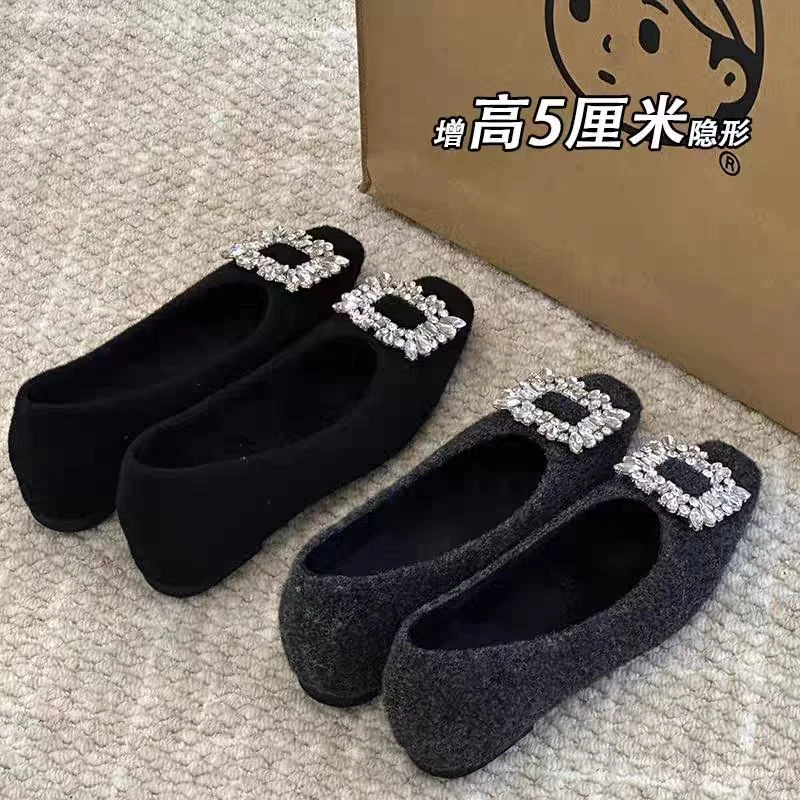 爆款·内增高5cm韩系加绒方头单鞋浅口时尚秋冬粗跟方钻外穿高跟鞋