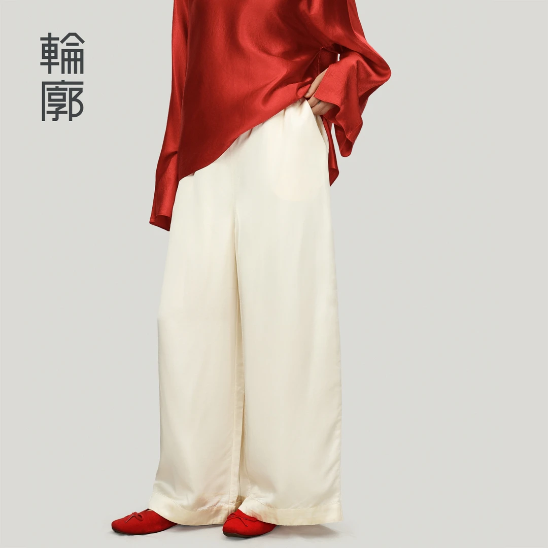 轮廓时泽阔腿裤国风休闲百搭通勤九分显瘦垂感宽松夏米白L252K010