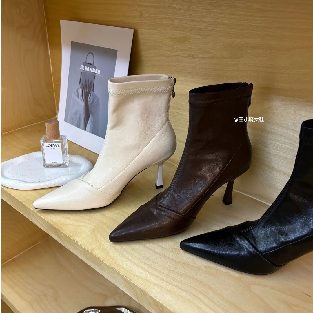 法式气质尖头高跟靴子女短靴2025新款秋冬季细跟后拉链黑色瘦瘦靴