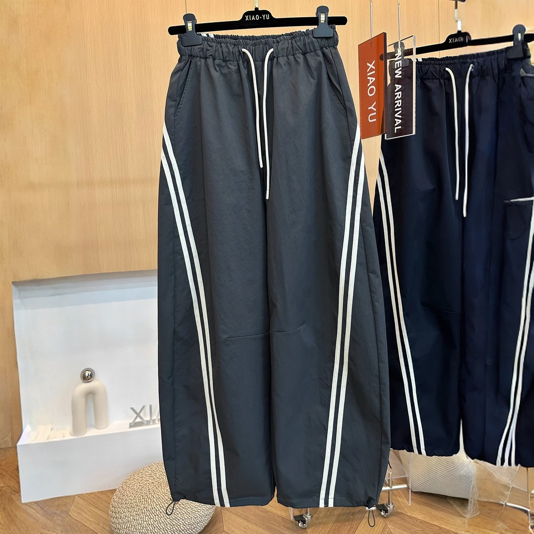 高端欧货秋新款时尚百搭字母刺绣拼条宽松休闲直筒阔腿裤束脚裤女