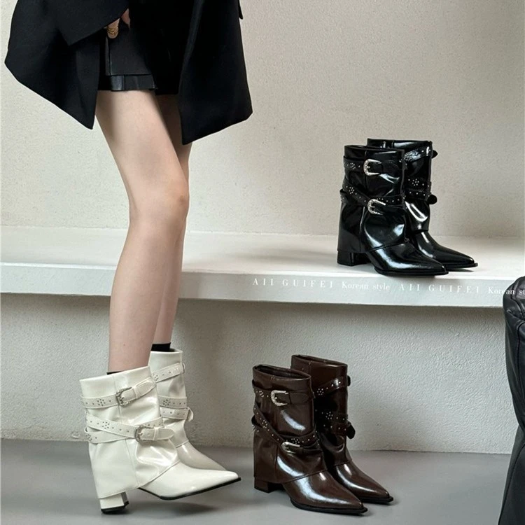 高跟靴粗跟尖头裤管靴短靴女2025秋冬新款铆钉皮带扣套筒时装靴女