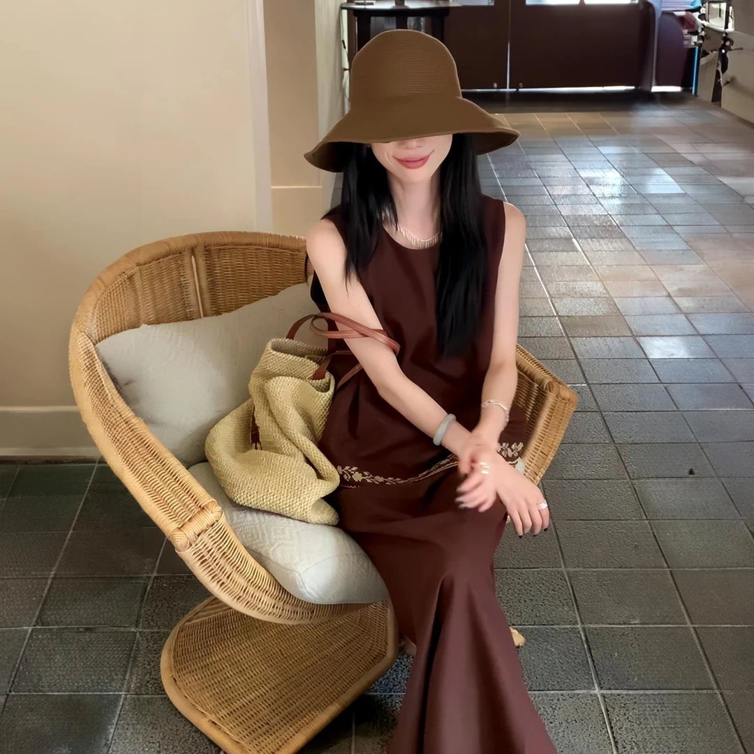 VOCKOO官方法式休闲亚麻背心套装裙女2025新款无袖短款上衣a字半