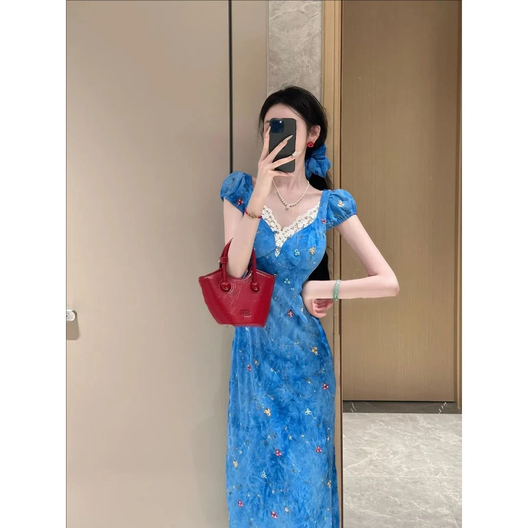 卡普里蓝调 蓝色雪纺扎染绣花连衣裙DYLL-25046747