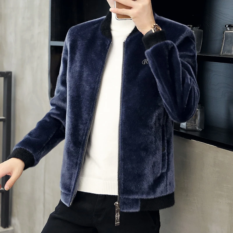 LEROLEHAR新款秋冬季男士外套仿水貂绒短款青年男装夹克潮流上衣