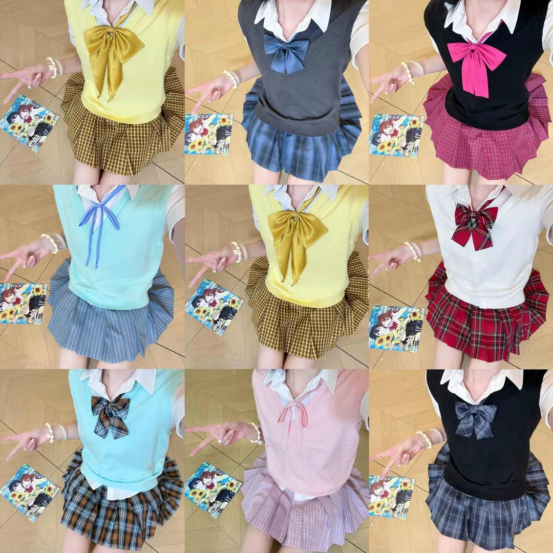 【叠穿十件套】妙氏JK裙原创正版制服套装毛衣背心格裙学院风女现货