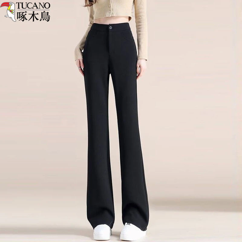 TUCANO/啄木鳥黑色微喇叭裤女高腰气质显瘦垂感春秋款休闲西裤