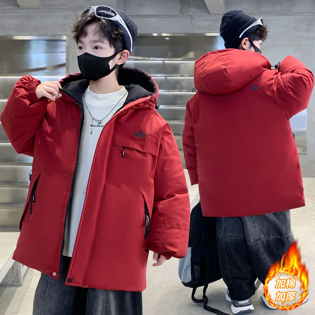 男童外套冬季中大童加厚保暖内里加棉纯色派克服棉衣