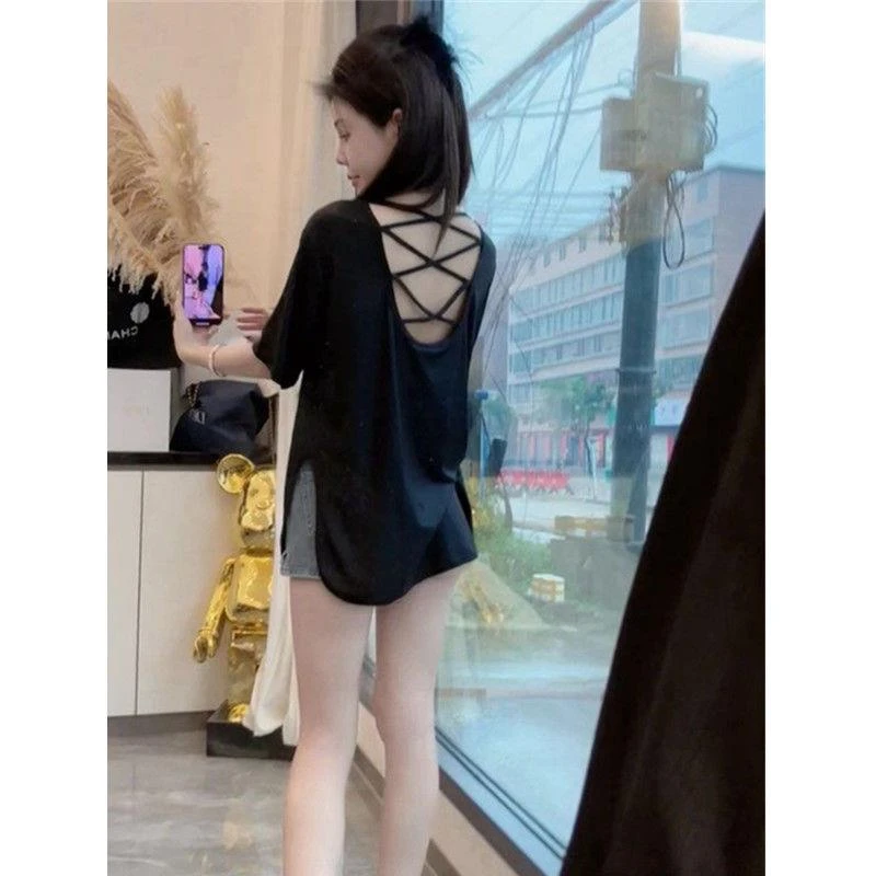 薄款300斤宽松遮肉交叉后背设计感短袖上衣大码百搭镂空T恤女