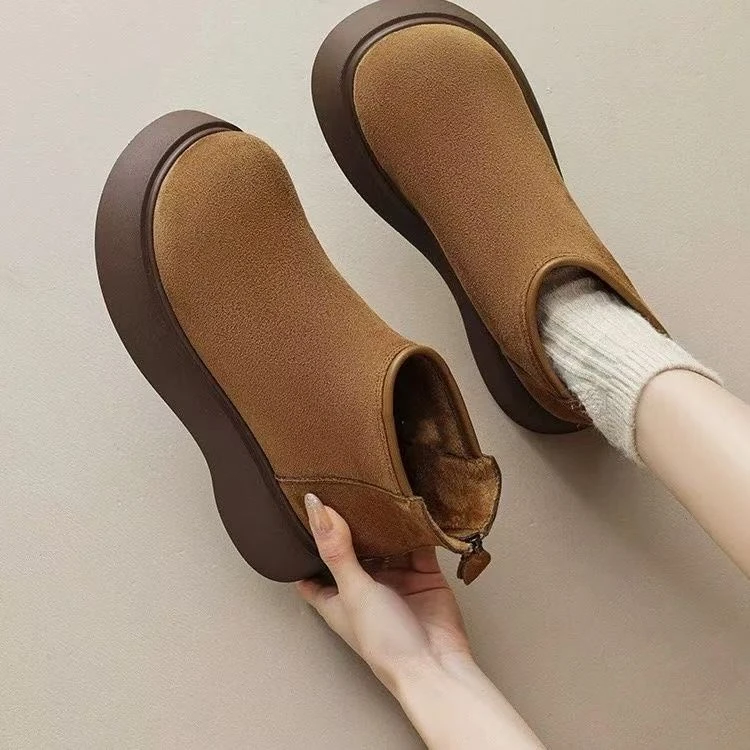 软底后拉链小个子低帮大头加绒勃肯鞋厚底磨砂短靴女2025冬季新款