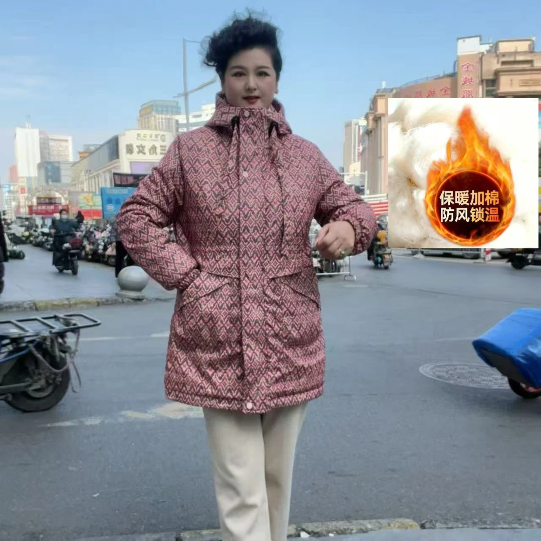 中长款加厚保暖带帽休闲时尚飘带拉链大口袋大码外套棉服女