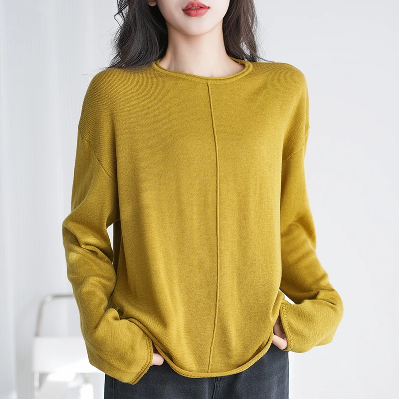 薄款100%纯棉圆领卷边长袖针织衫宽松外穿毛衣女款