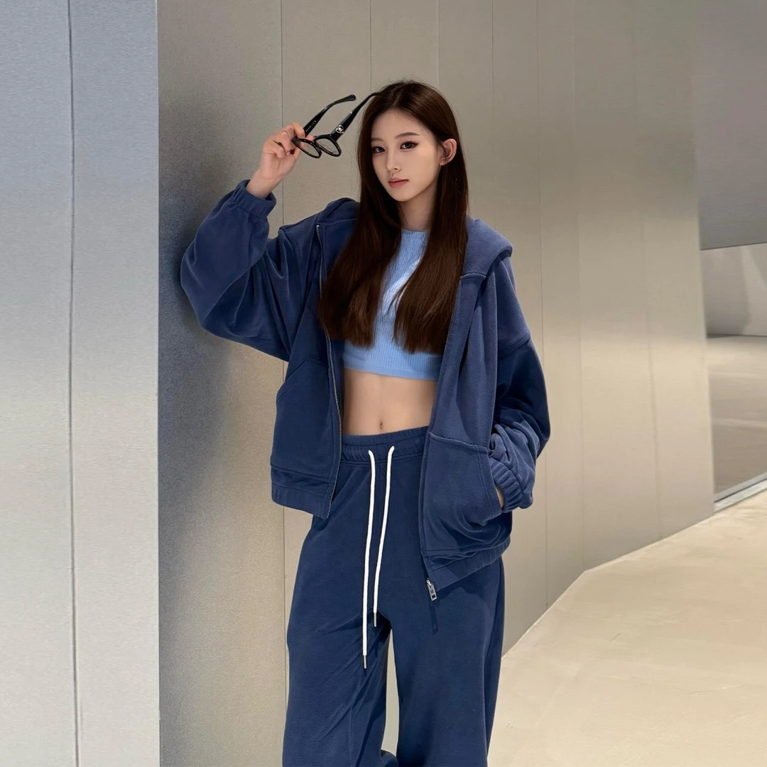 美式辣妹休闲运动套装女秋冬高级感加厚摇粒绒连帽卫衣长裤两件套