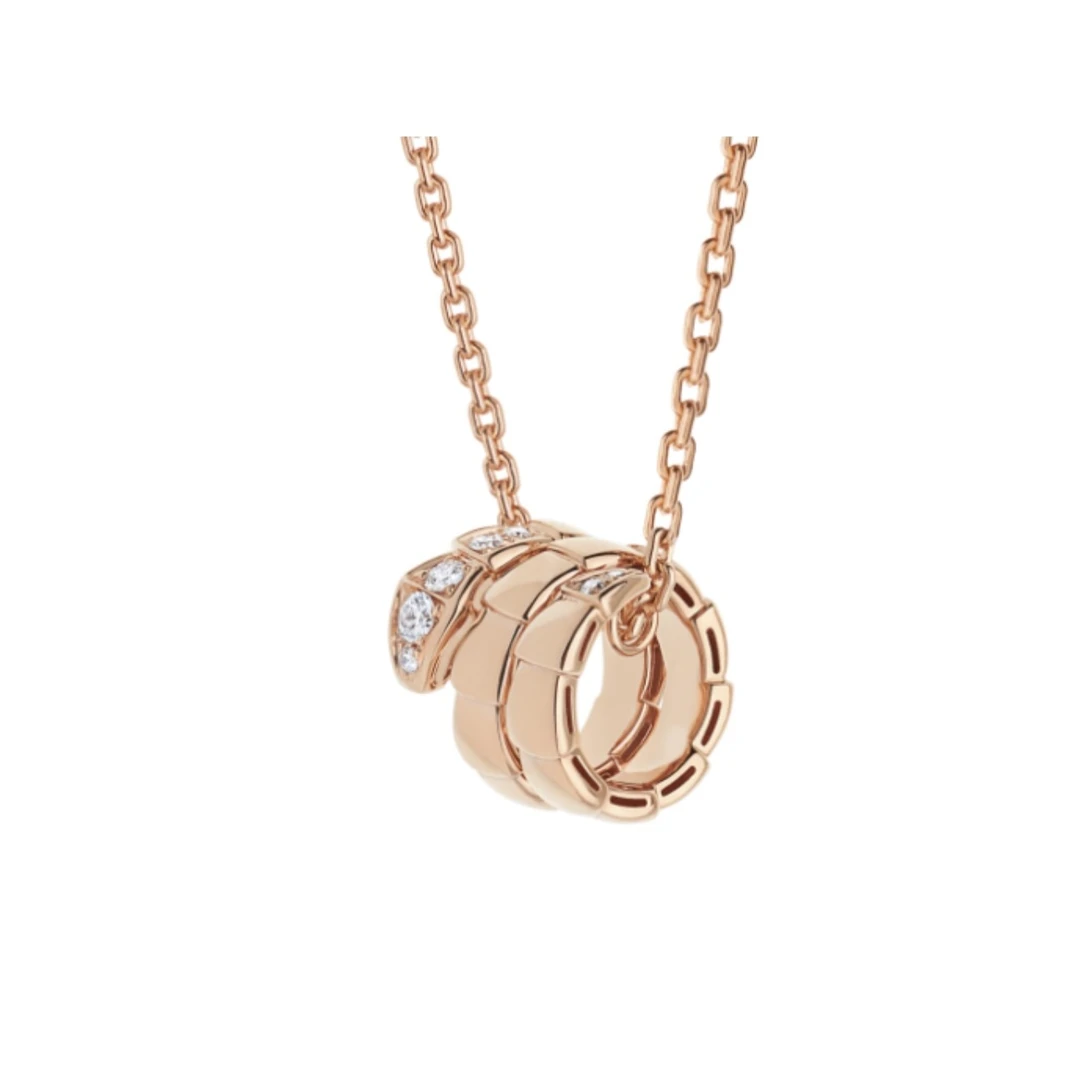 99新 BVLGARI/宝格丽  SERPENTI VIPER玫瑰金三环灵蛇头尾钻项链