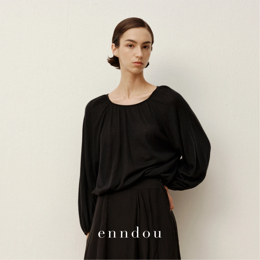 enndou 100%纯内蒙羊绒精纺泡泡袖套头针织衫秋装新款纯色上衣黑