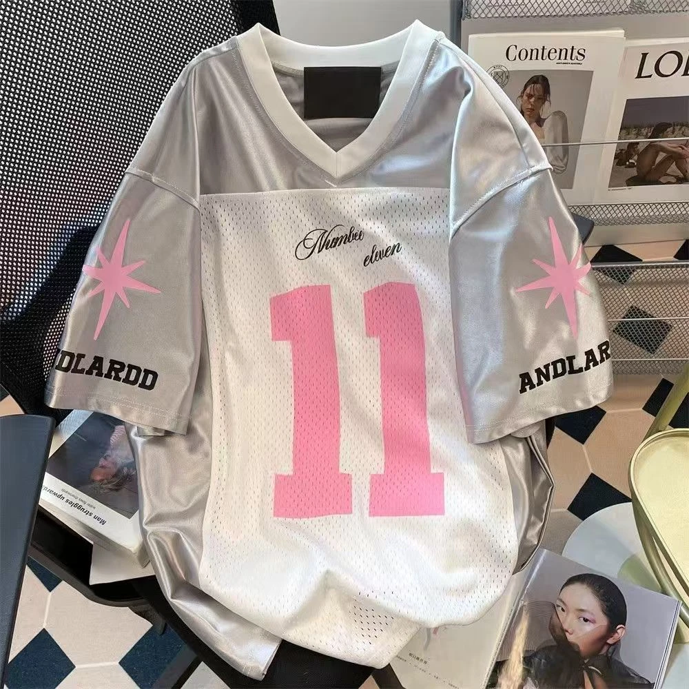 大码300斤缎面网纱拼接T恤夏季新款宽松休闲情侣韩版ins短袖上衣2